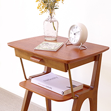 Side table with drawer in teak and brass